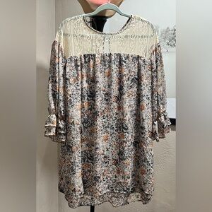 Entro Floral Lace Yoke Boho Tunic Dress Small